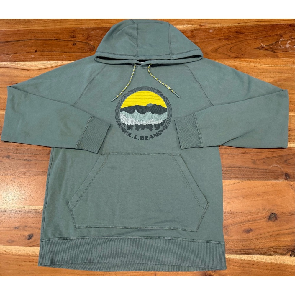 LL Bean Mens Slightly Fitted Graphic Hoodie Green Mountain Sun Fleece M 515599